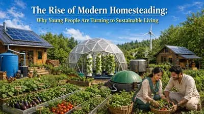Modern homesteading setup featuring solar-powered homes, hydroponic farming, and a young couple harvesting organic vegetables in a self-sufficient sustainable environment.
