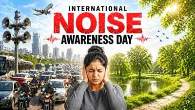 International Noise Awareness Day poster showing a woman covering her ears between a noisy traffic-filled city with honking vehicles and a peaceful green park, highlighting the contrast between noise pollution and quiet environments.