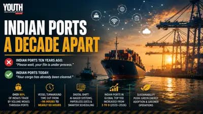 Wide editorial-style graphic of a busy container port at sunset, featuring a large cargo ship sailing past cranes and dock infrastructure. The design highlights “Indian Ports: A Decade Apart” with a visual comparison of past delays versus faster, digitalised operations today, along with key icons representing trade volume, reduced turnaround time, technological upgrades, global rankings, and sustainability efforts.