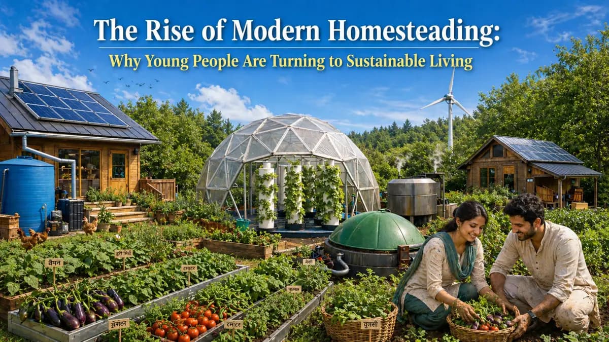 Modern homesteading setup featuring solar-powered homes, hydroponic farming, and a young couple harvesting organic vegetables in a self-sufficient sustainable environment.