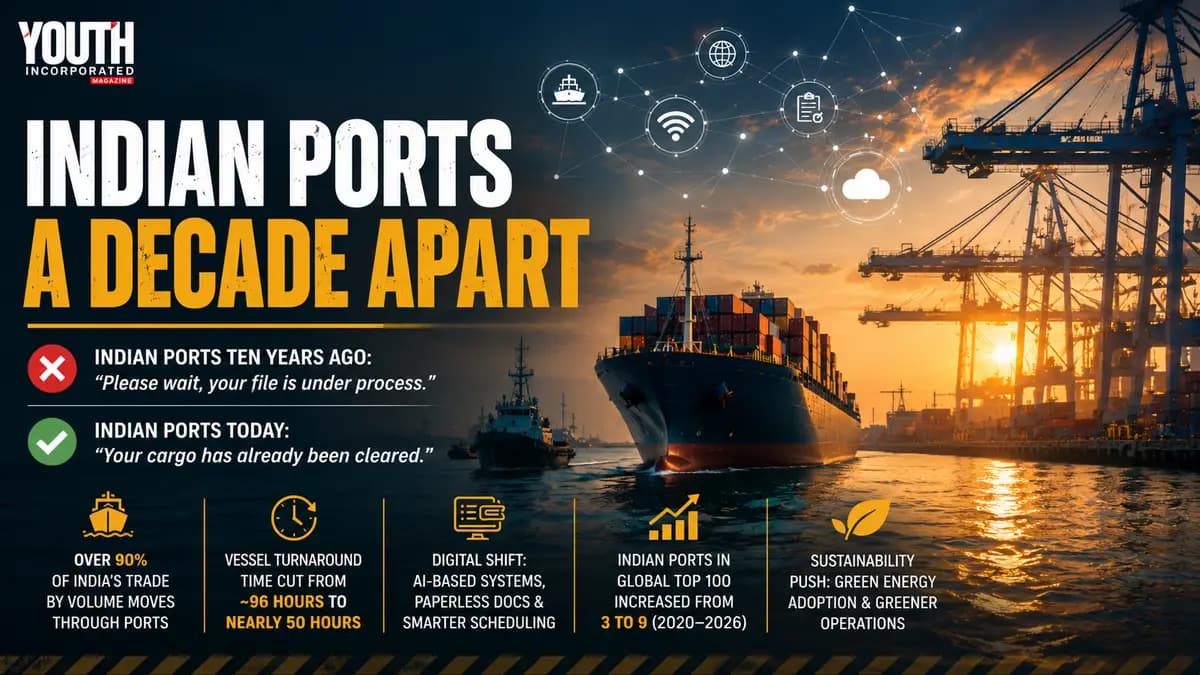 Wide editorial-style graphic of a busy container port at sunset, featuring a large cargo ship sailing past cranes and dock infrastructure. The design highlights “Indian Ports: A Decade Apart” with a visual comparison of past delays versus faster, digitalised operations today, along with key icons representing trade volume, reduced turnaround time, technological upgrades, global rankings, and sustainability efforts.
