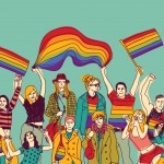 Lgbt happy gay meeting people group and sky. Color vector illustration. EPS8