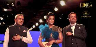 Mr. Om Pakash Berlia, Managing Director of PB Global with Actoress and Model, Mugdha Godse and Mr. Parimal Mehhta, Founder of Horra Luxury in Bombay Times Fashion Week