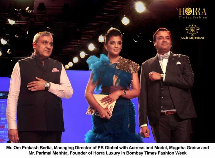Mr. Om Pakash Berlia, Managing Director of PB Global with Actoress and Model, Mugdha Godse and Mr. Parimal Mehhta, Founder of Horra Luxury in Bombay Times Fashion Week